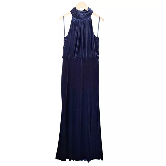NWT ELIZA J Velvet Mock Neck keyhole back Maxi Gown Evening Dress Ruched Navy - Picture 4 of 16